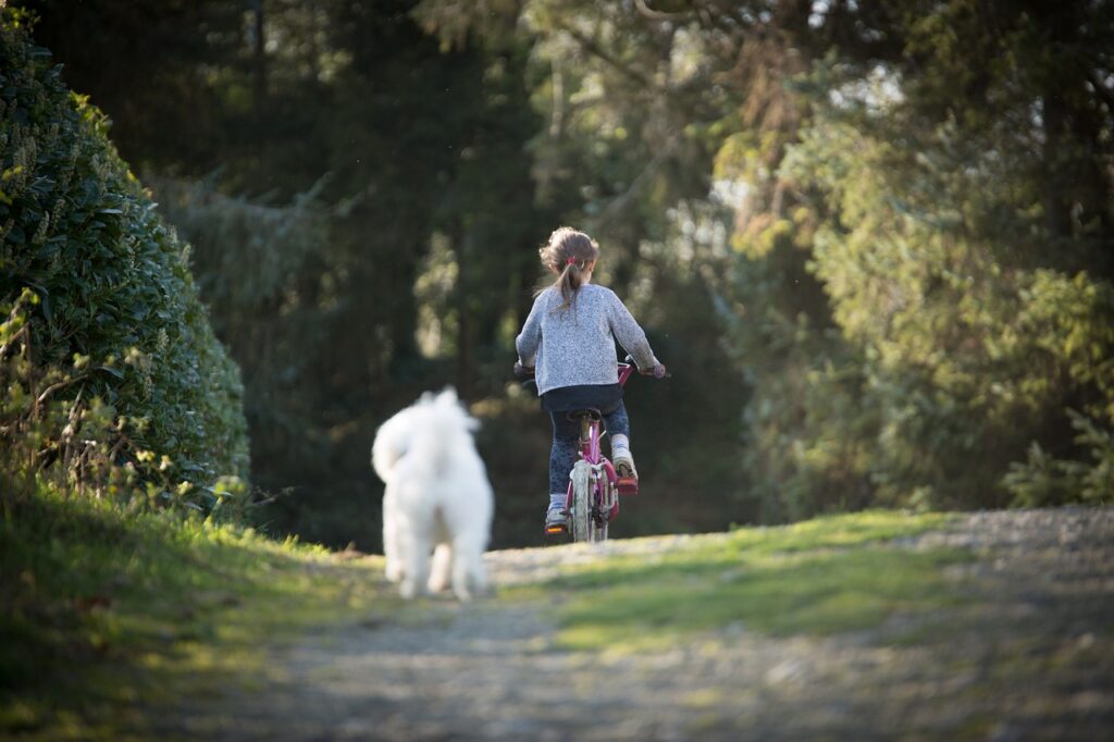 girl, biking, dog